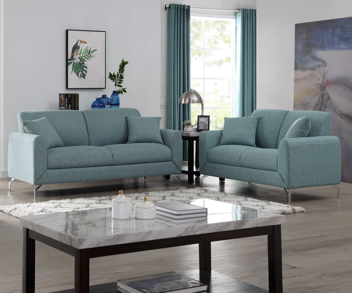 Noreen Contemporary Blue Fabric Rounded Arm Living Room Collection