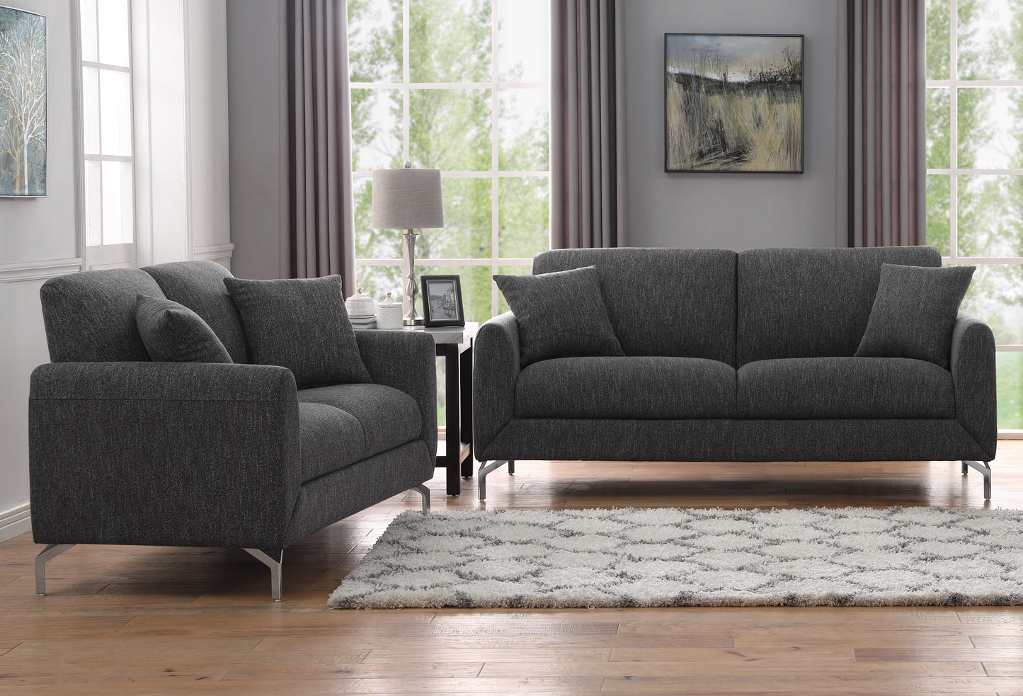 Noreen Contemporary Gray Fabric Rounded Arm Living Room Collection