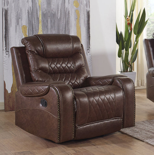 Klens Faux Leather Swivel Glider Recliner with Nailhead Trim, Brown