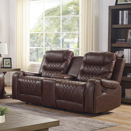 Klens Faux Leather Reclining Loveseat with Nailhead Trim, Brown