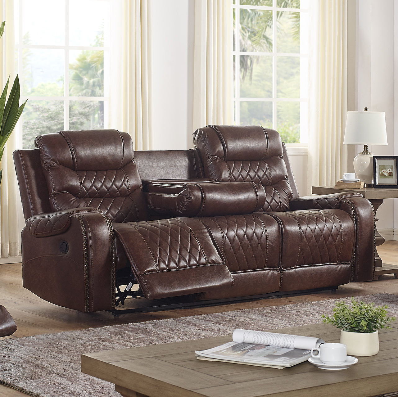 Klens Faux Leather Reclining Sofa with Nailhead Trim and USB Port, Brown