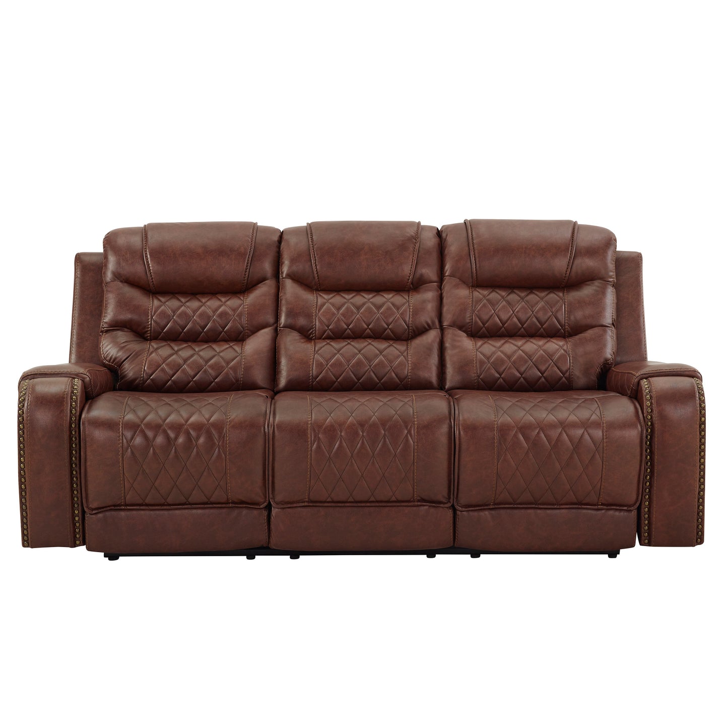 Klens Faux Leather Reclining Sofa with Nailhead Trim and USB Port, Brown