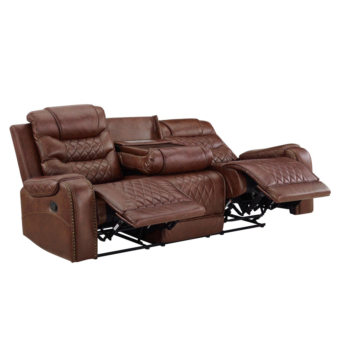 Klens Faux Leather Reclining Sofa with Nailhead Trim and USB Port, Brown