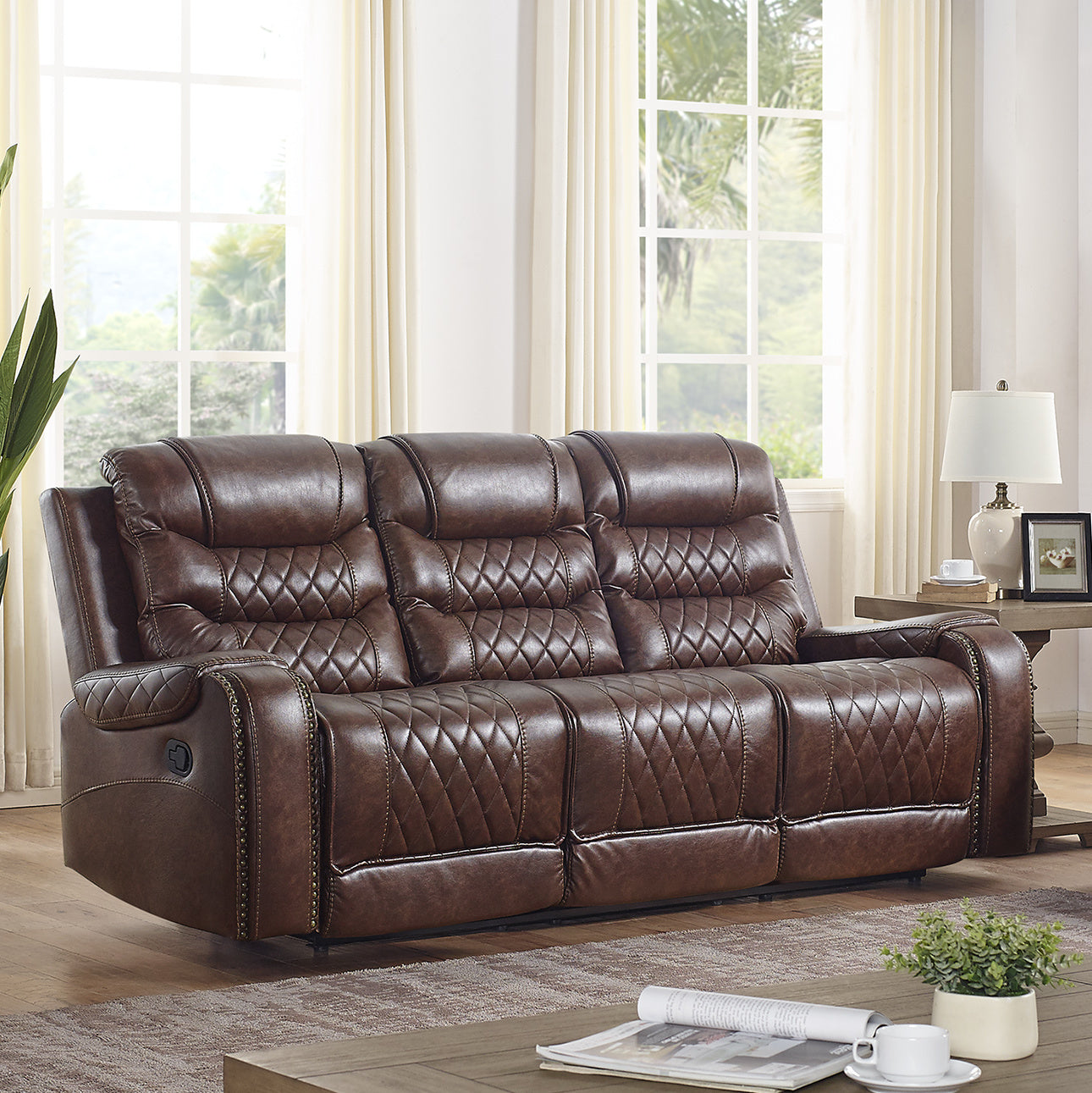 Klens Faux Leather Reclining Sofa with Nailhead Trim and USB Port, Brown