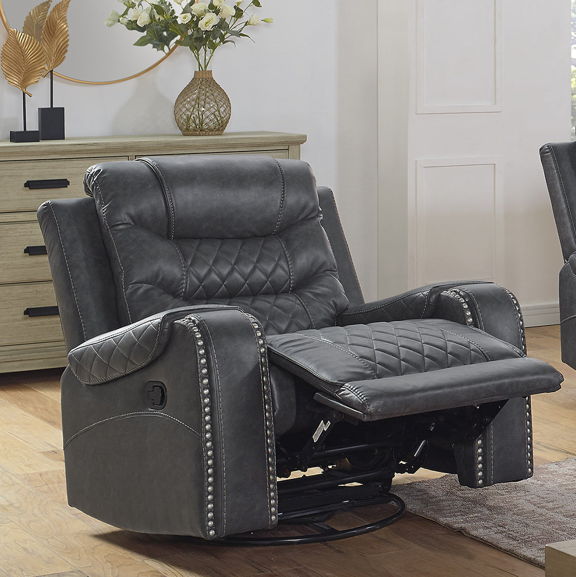 Klens Faux Leather Swivel Glider Recliner with Nailhead Trim, Gray