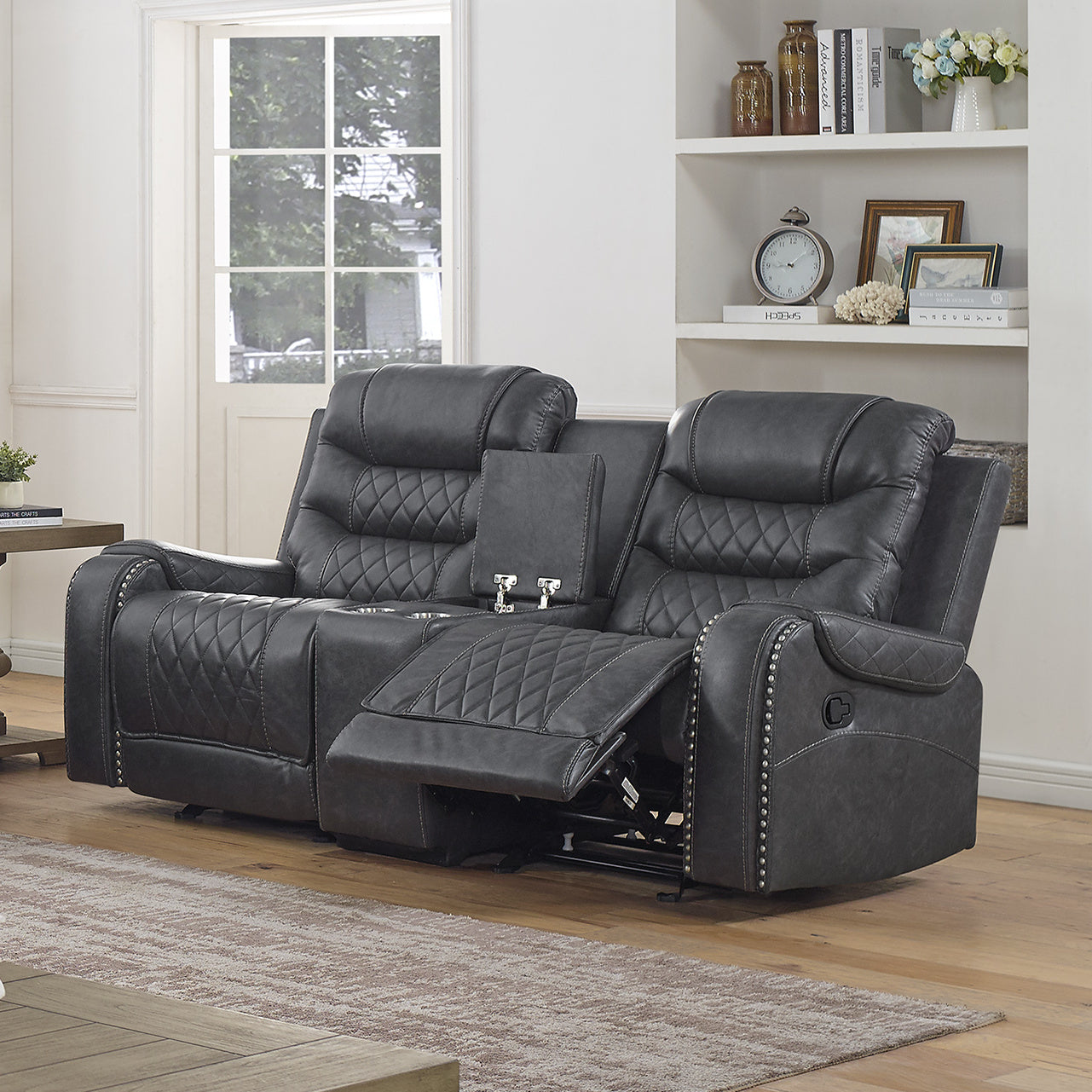 Klens Faux Leather Reclining Loveseat with Nailhead Trim, Gray