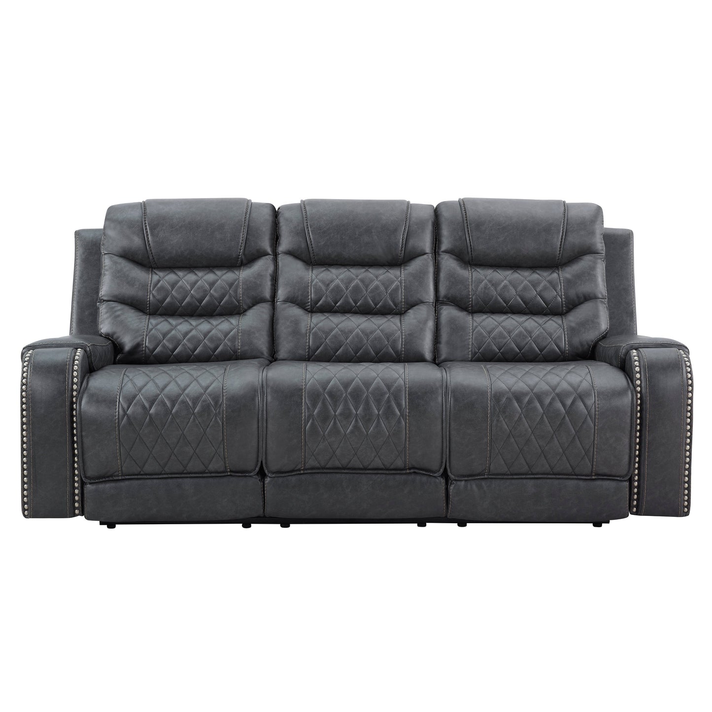 Klens Faux Leather Reclining Sofa with Nailhead Trim and USB Port, Gray