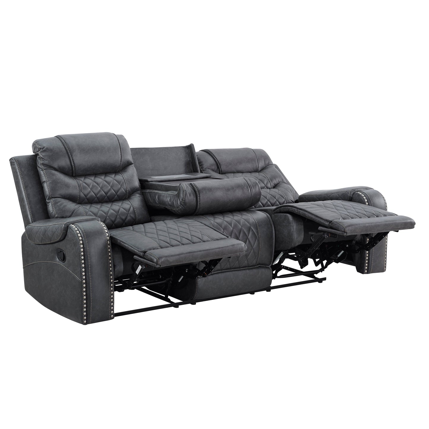 Klens Faux Leather Reclining Sofa with Nailhead Trim and USB Port, Gray