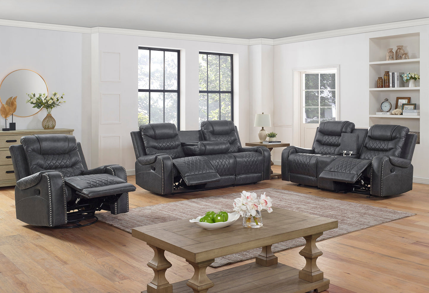 Klens Faux Leather 3-Piece Reclining Living Room Collection with Nailhead Trim, Gray