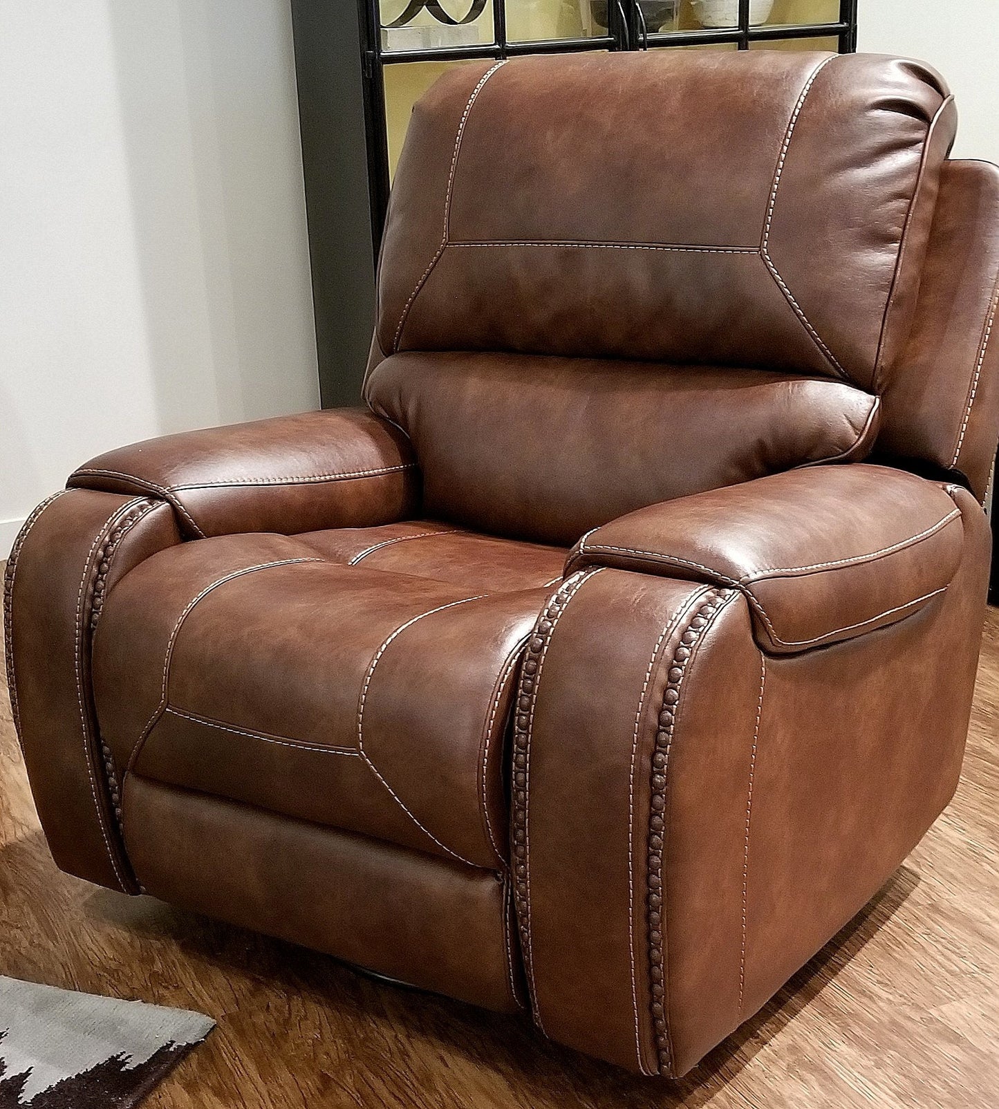 Achern Brown Leather Nailhead Swivel Glider Recliner