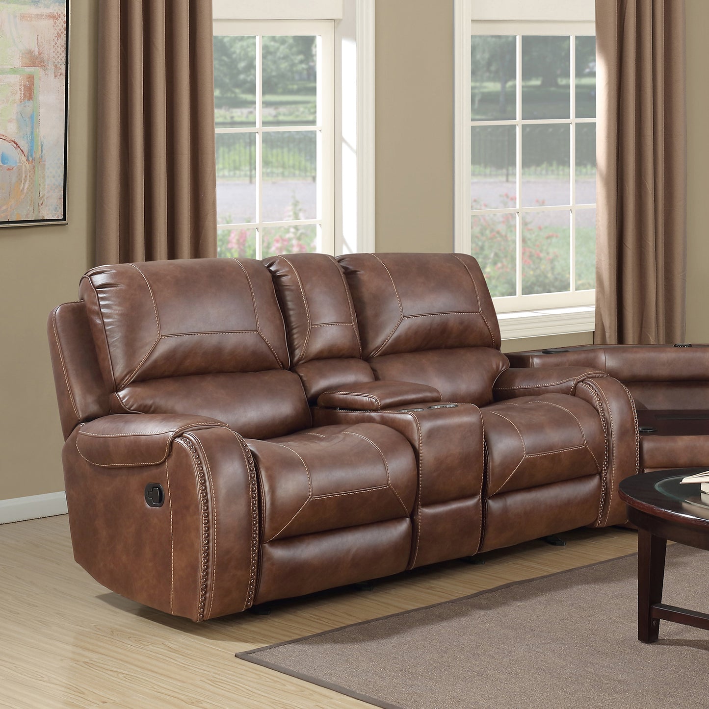Achern Brown Leather-Air Nailhead Manual Reclining Living Room Collection