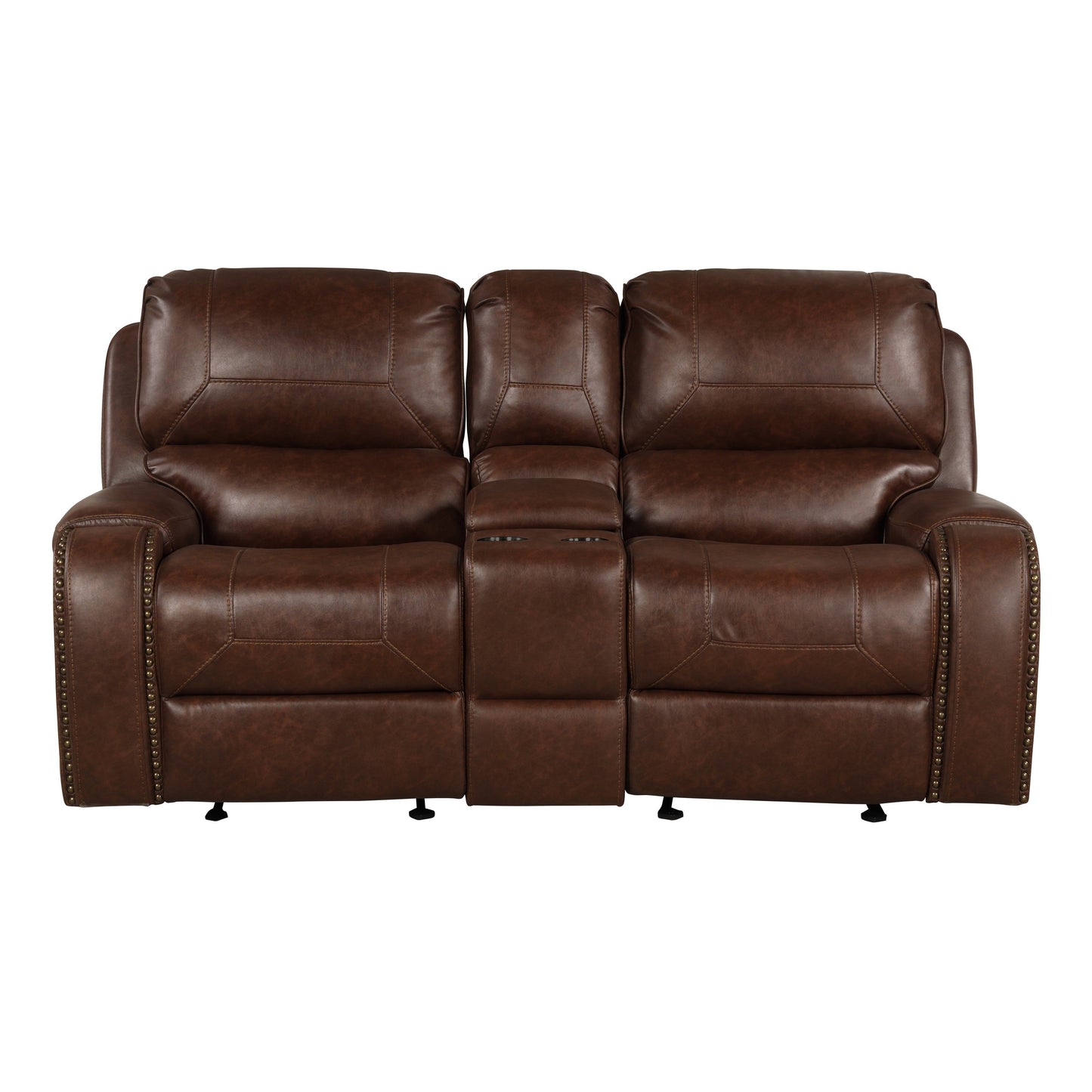 Achern Brown Leather Nailhead Air Reclining Loveseat with Storage Console