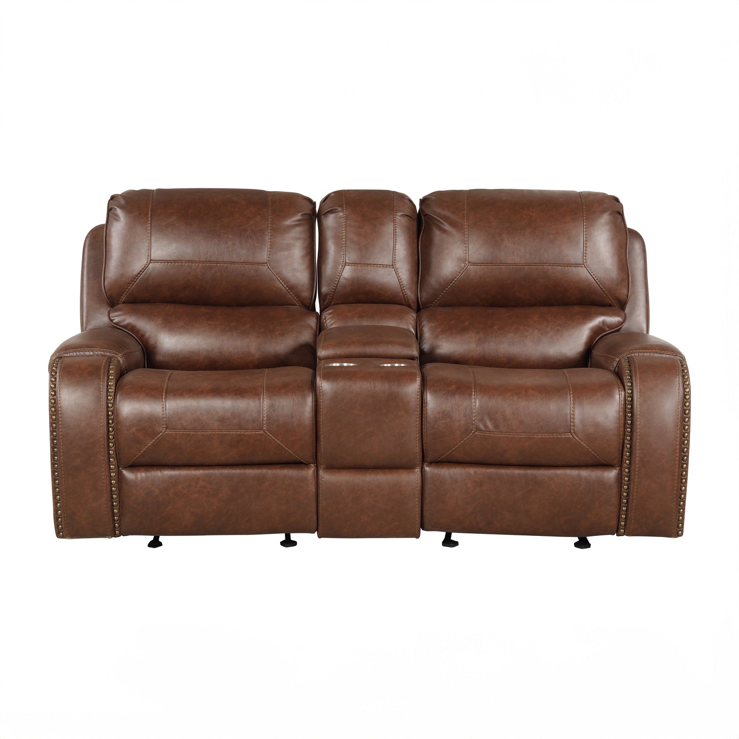 Achern Brown Leather Nailhead Air Reclining Loveseat with Storage Console