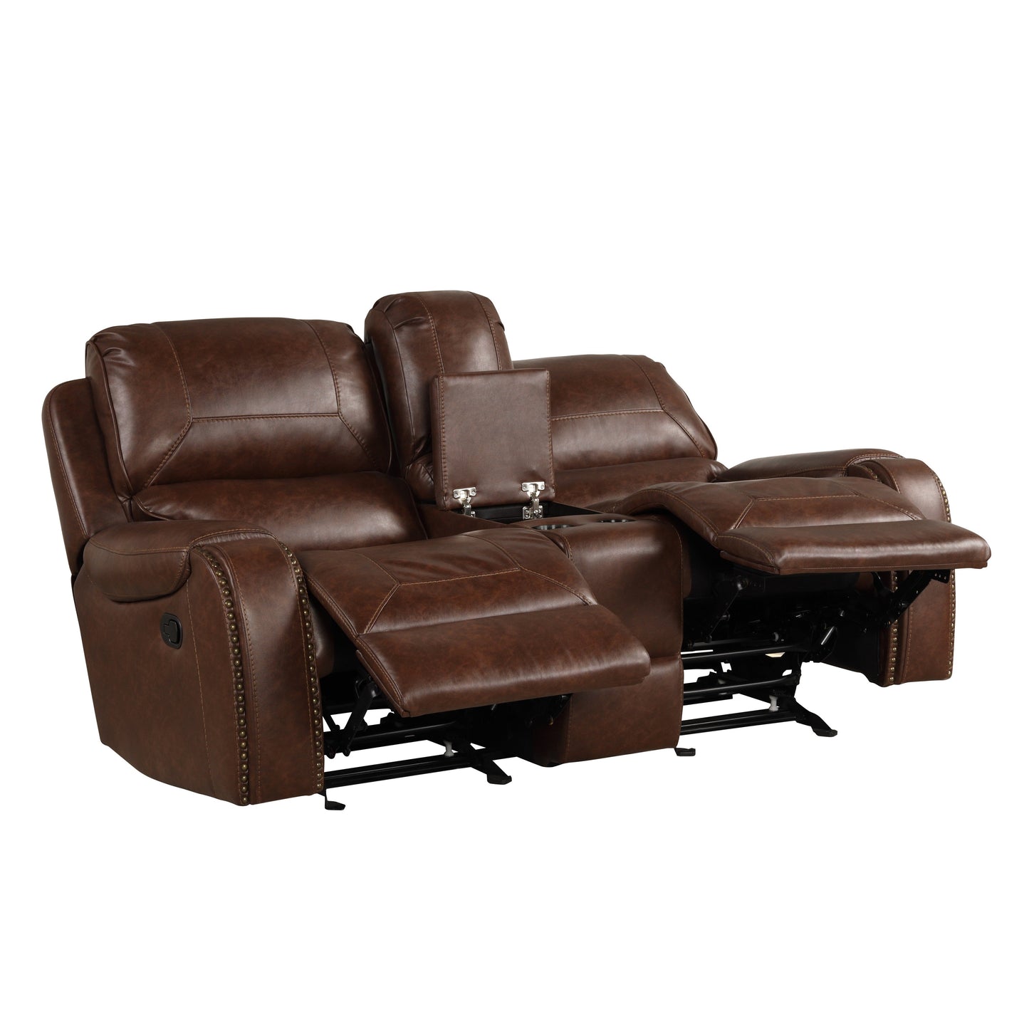 Achern Brown Leather Nailhead Air Reclining Loveseat with Storage Console