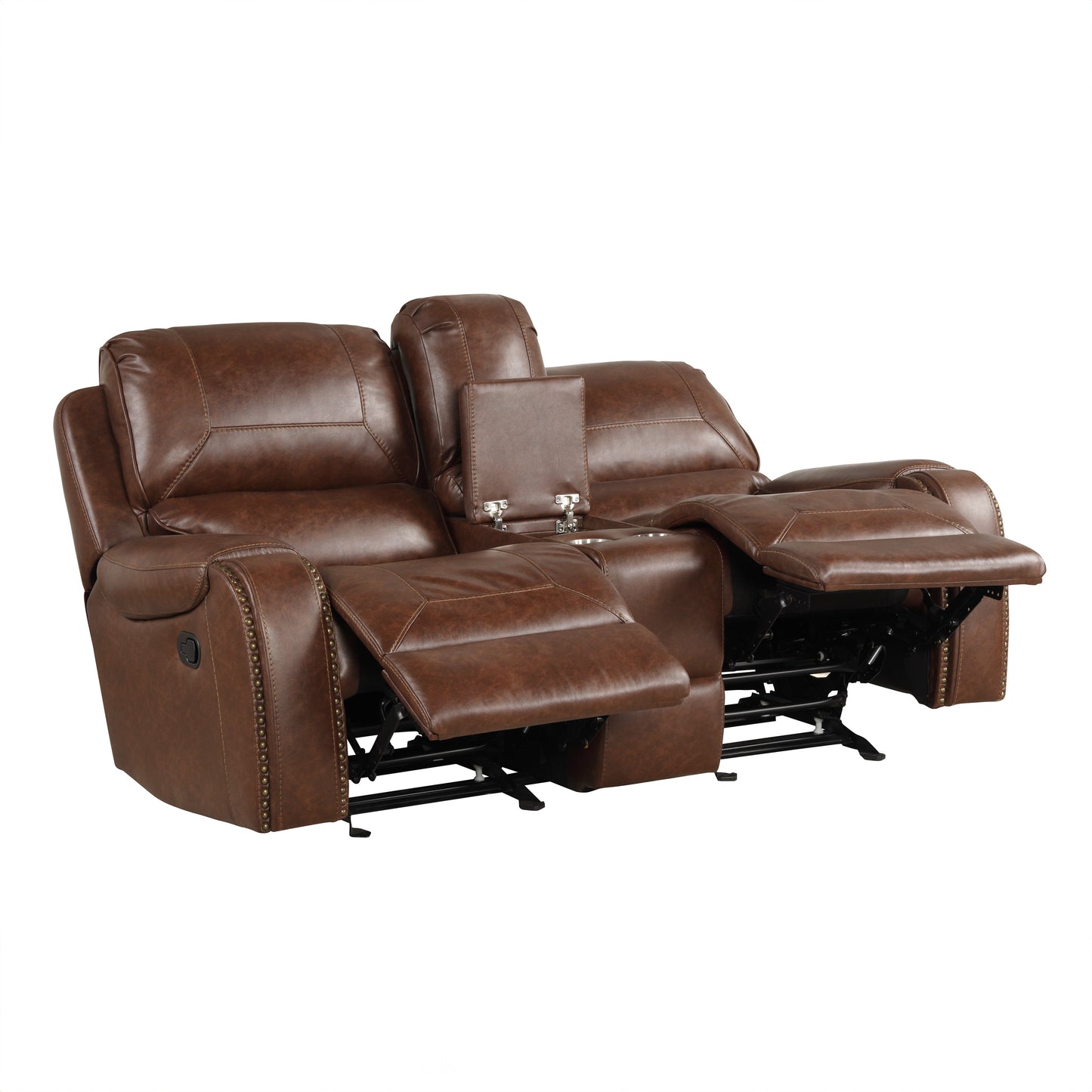 Achern Brown Leather Nailhead Air Reclining Loveseat with Storage Console