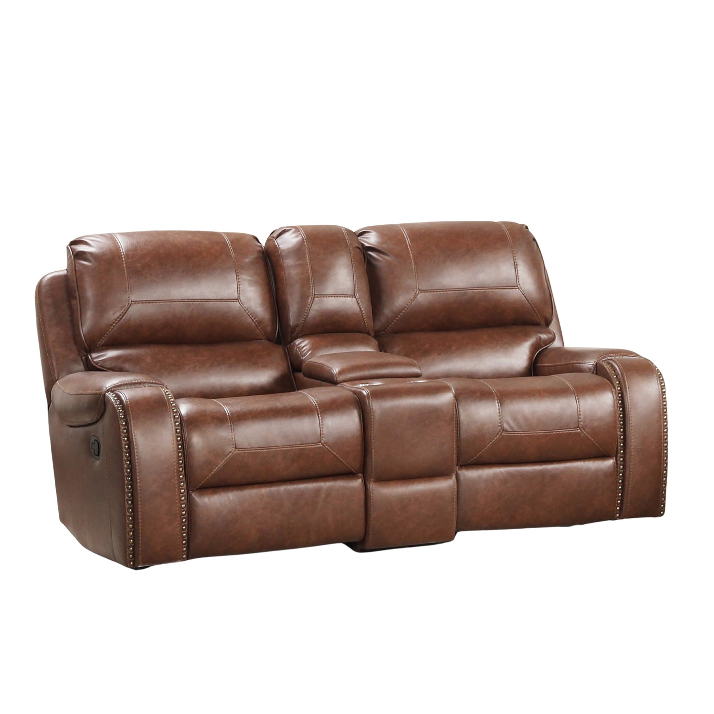 Achern Brown Leather Nailhead Air Reclining Loveseat with Storage Console