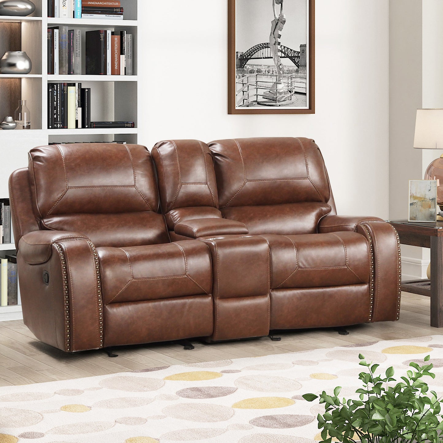 Achern Brown Leather Nailhead Air Reclining Loveseat with Storage Console