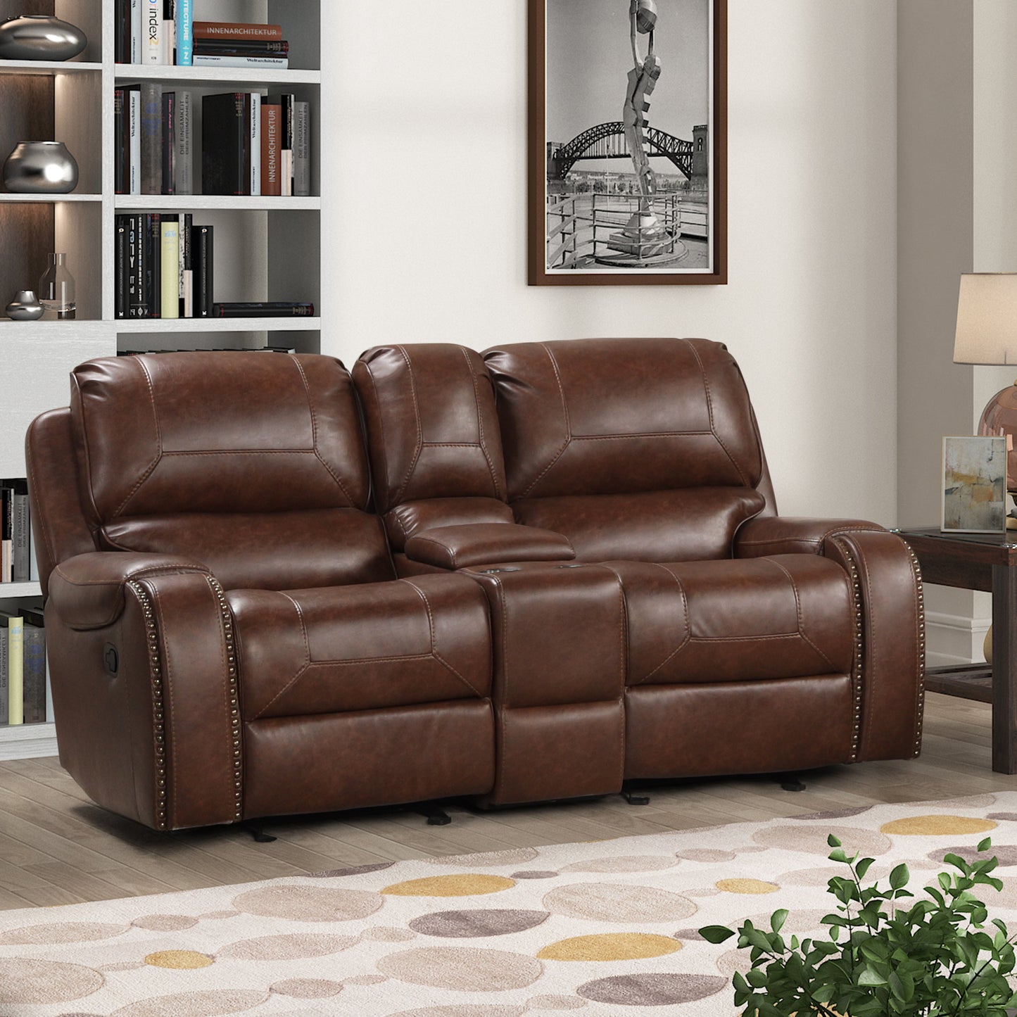 Achern Brown Leather-Air Nailhead Manual Reclining Living Room Collection