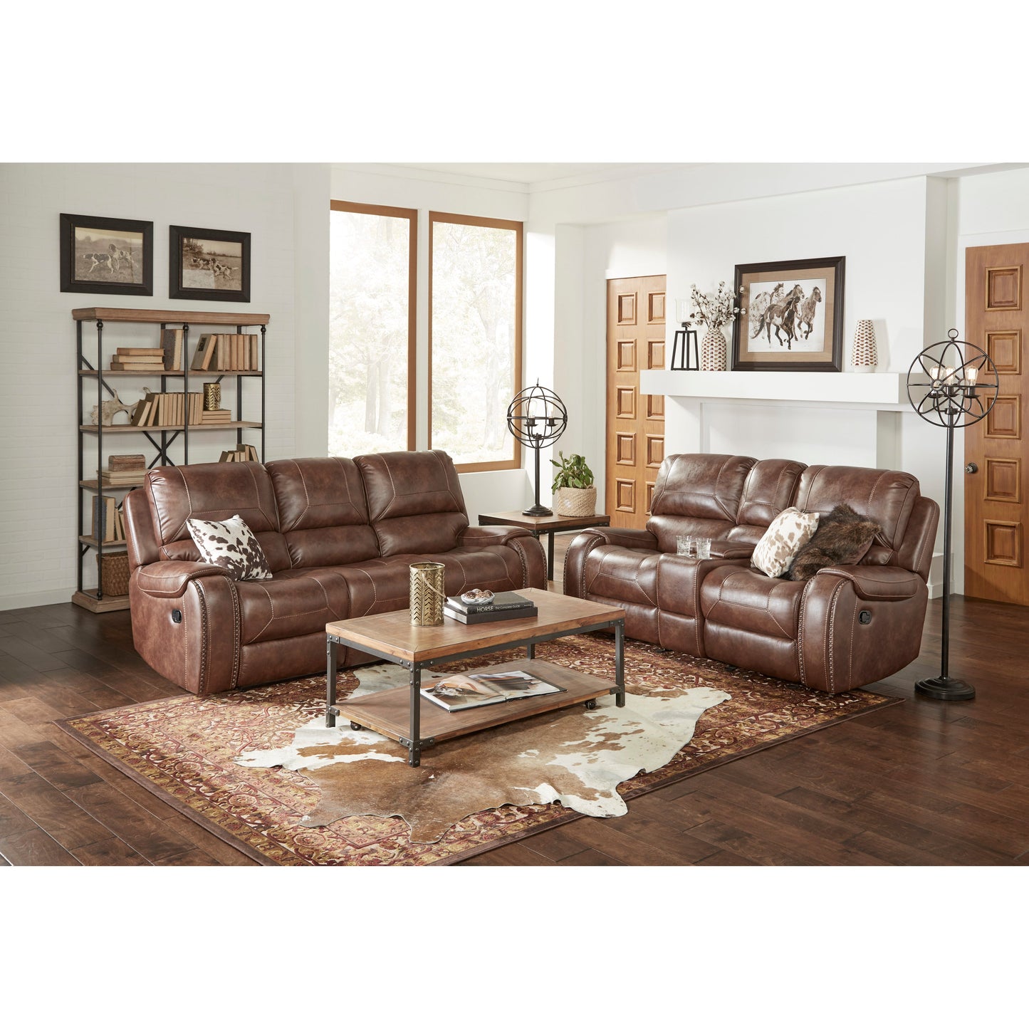 Achern Brown Leather-Air Nailhead Manual Reclining Living Room Collection