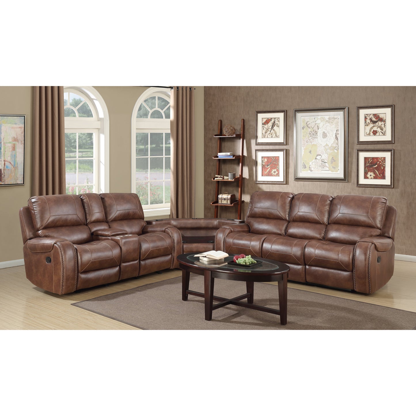 Achern Brown Leather-Air Nailhead Manual Reclining Living Room Collection