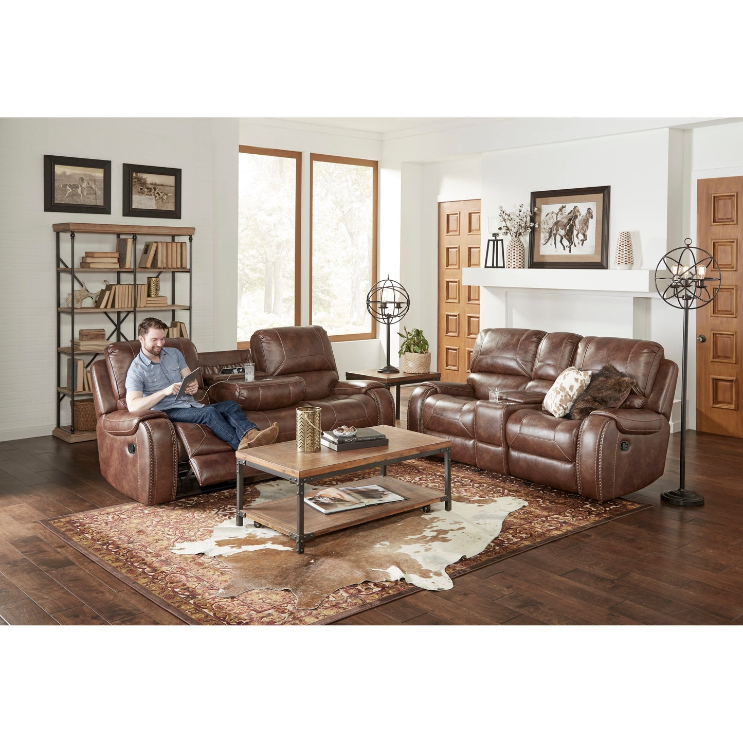 Achern Brown Leather-Air Nailhead Manual Reclining Living Room Collection