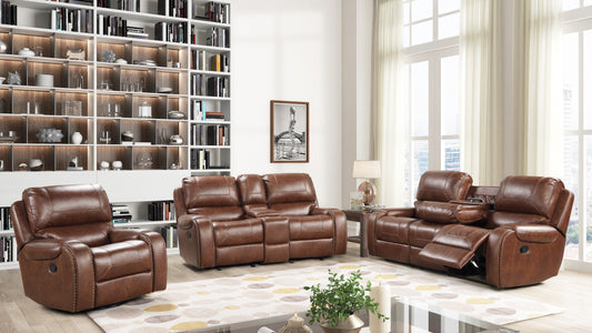 Achern Brown Leather-Air Nailhead Manual Reclining Living Room Collection