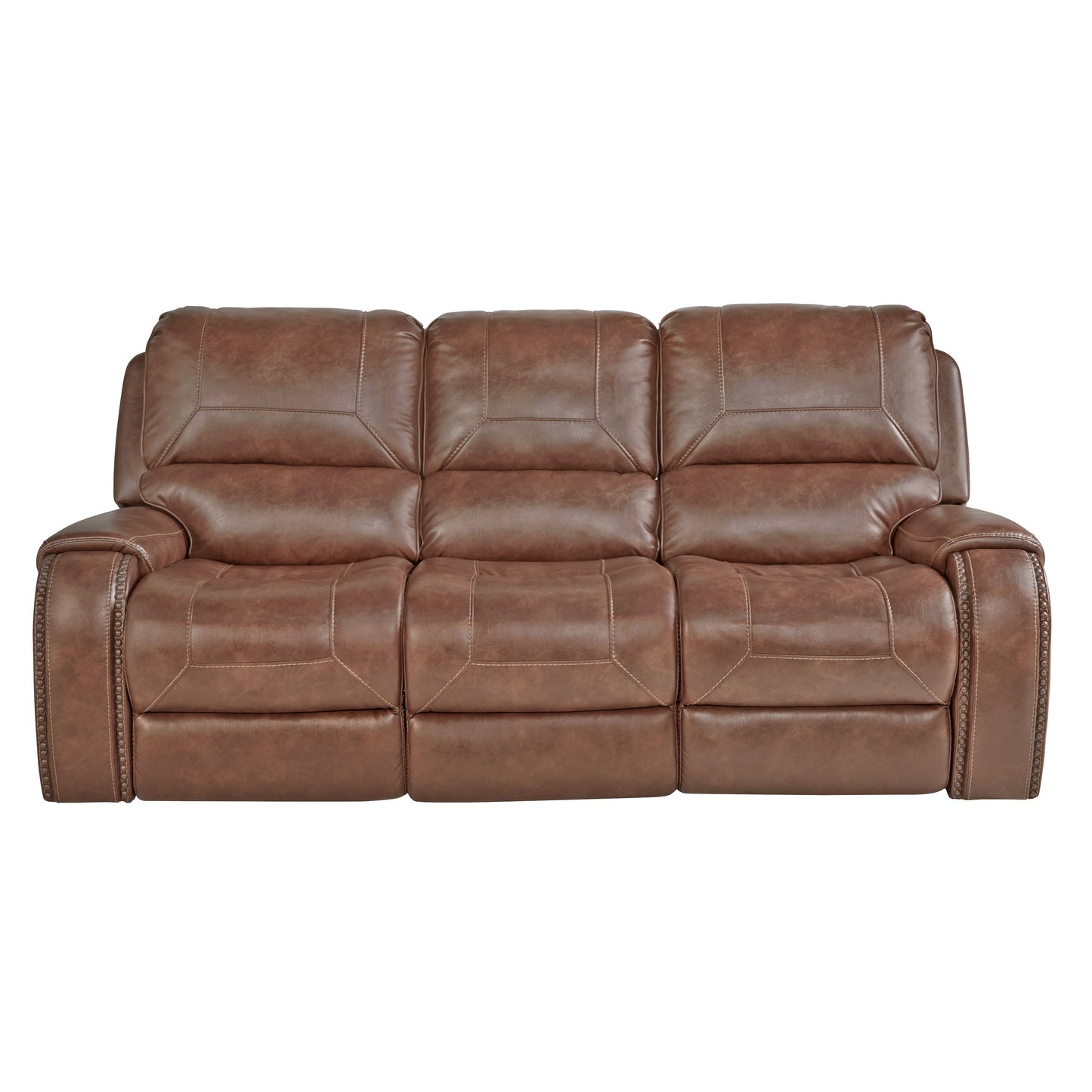 Achern Brown Leather Nailhead Air Reclining Sofa with Storage Console and USB Port