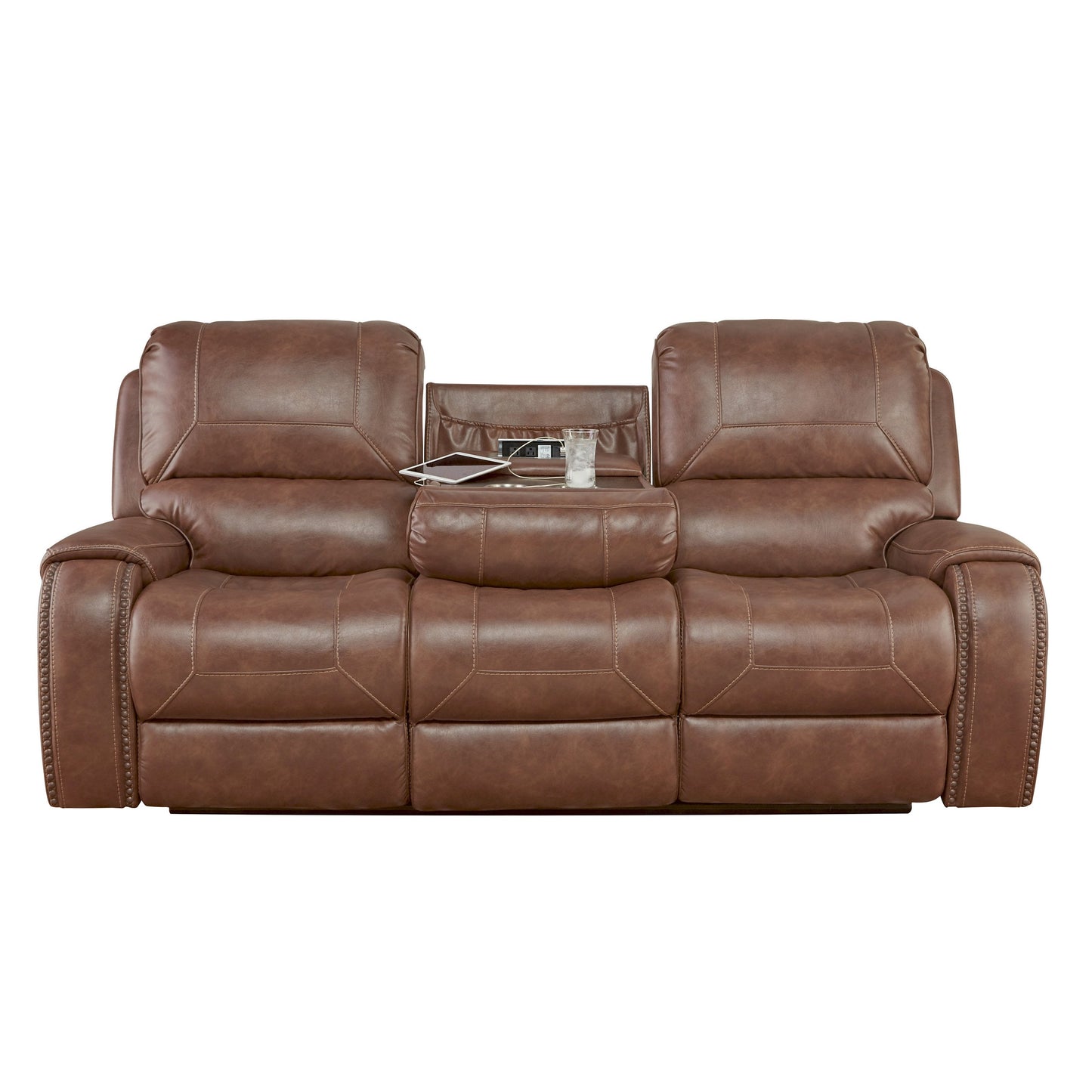 Achern Brown Leather Nailhead Air Reclining Sofa with Storage Console and USB Port