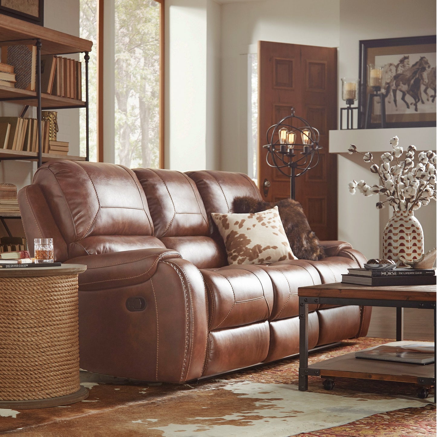 Achern Brown Leather Nailhead Air Reclining Sofa with Storage Console and USB Port