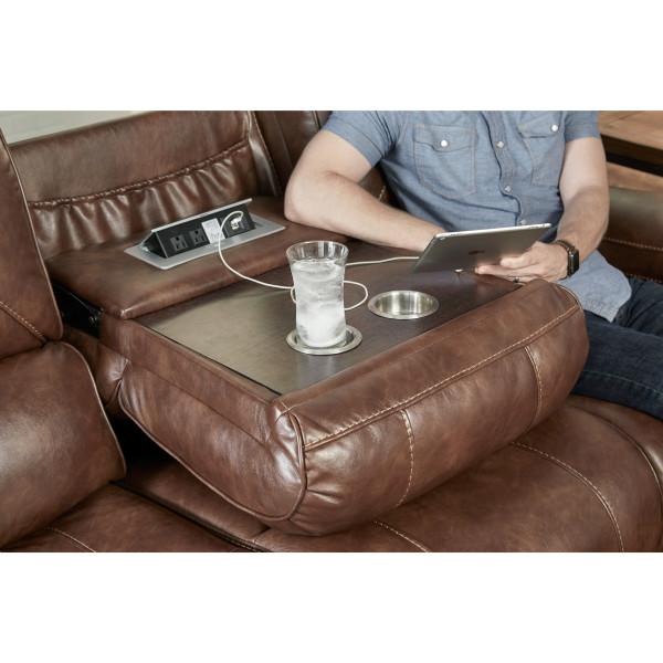 Achern Brown Leather Air Nailhead Reclining Sofa with Storage Console and USB Port