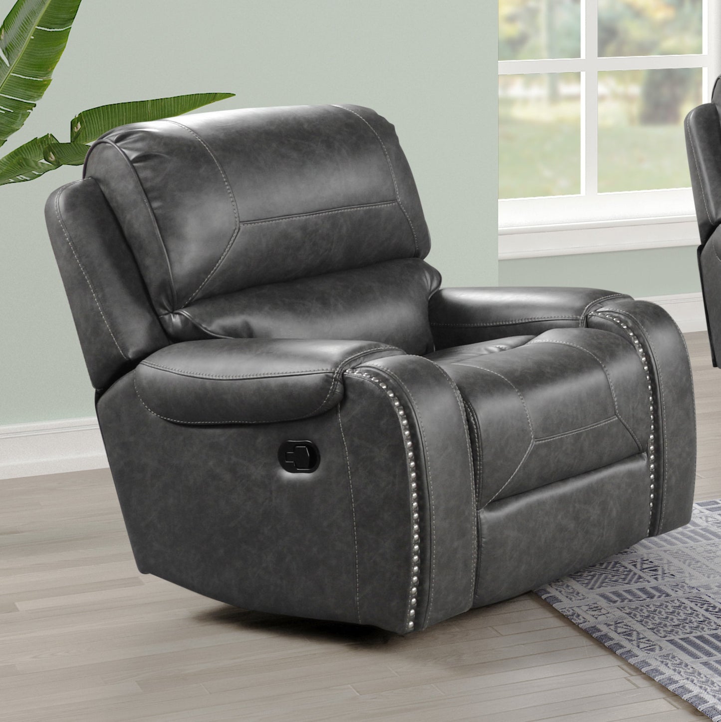 Achern Gray Leather-Air Nailhead Swivel Glider Recliner