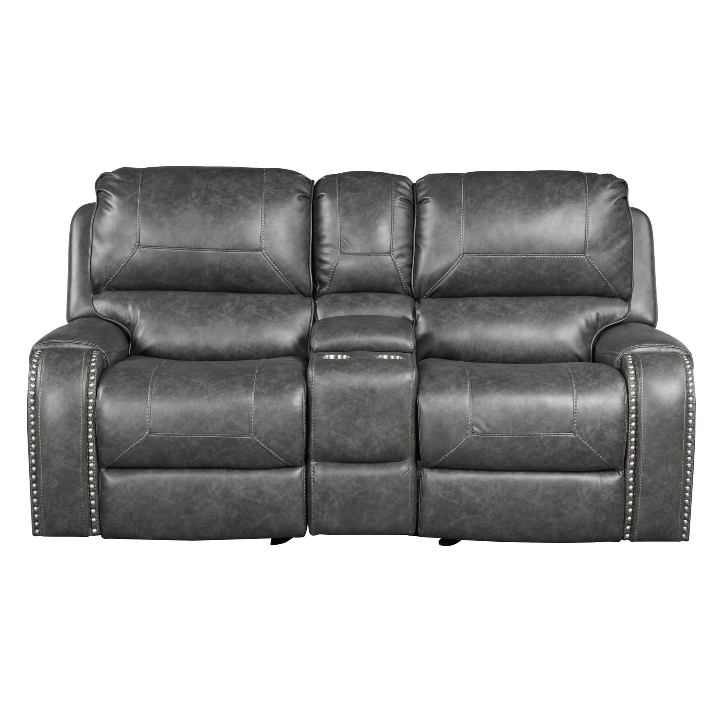 Achern Gray Leather-Air Nailhead Manual Reclining Loveseat with Storage Console