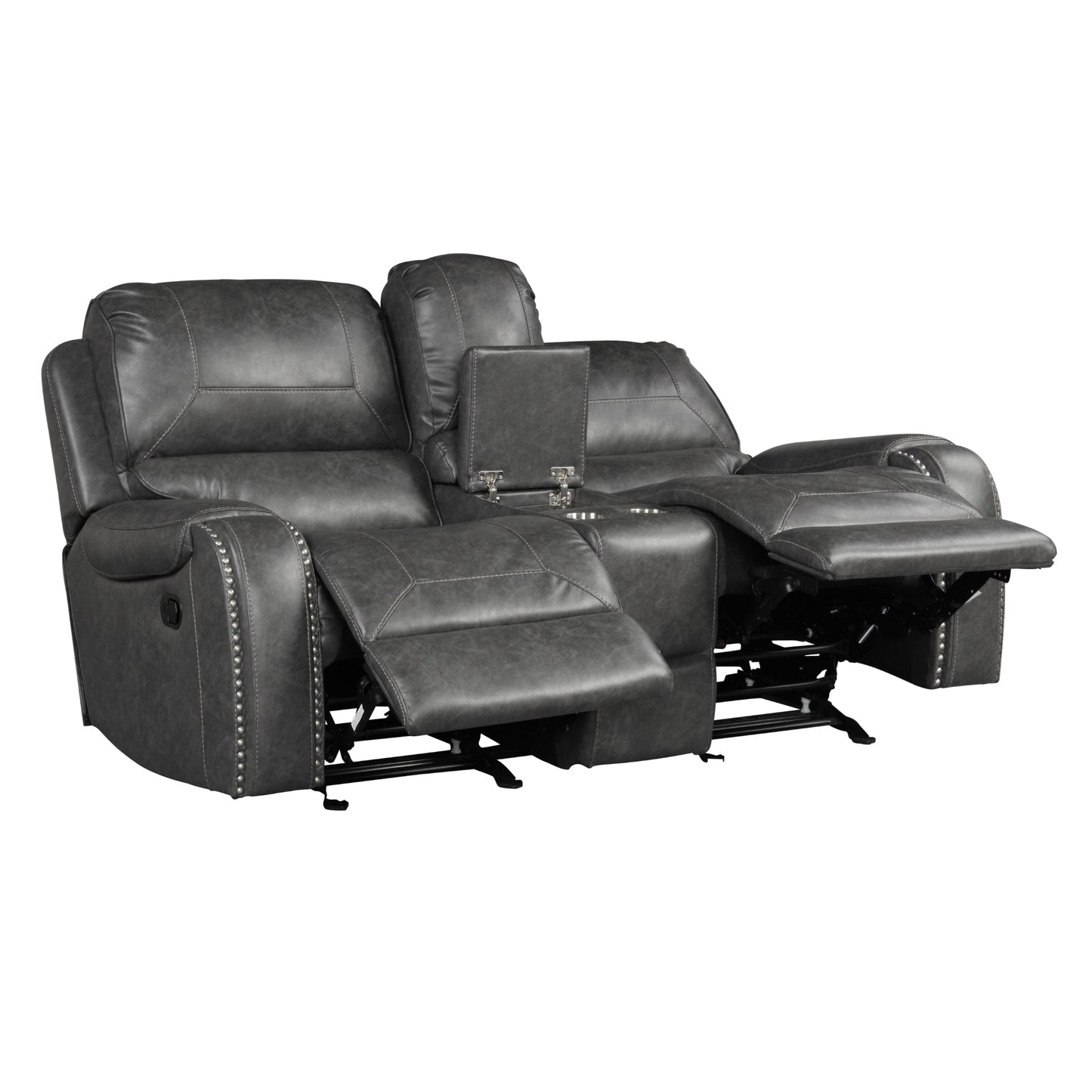 Achern Gray Leather-Air Nailhead Manual Reclining Loveseat with Storage Console