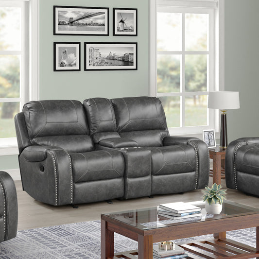 Achern Gray Leather-Air Nailhead Manual Reclining Loveseat with Storage Console