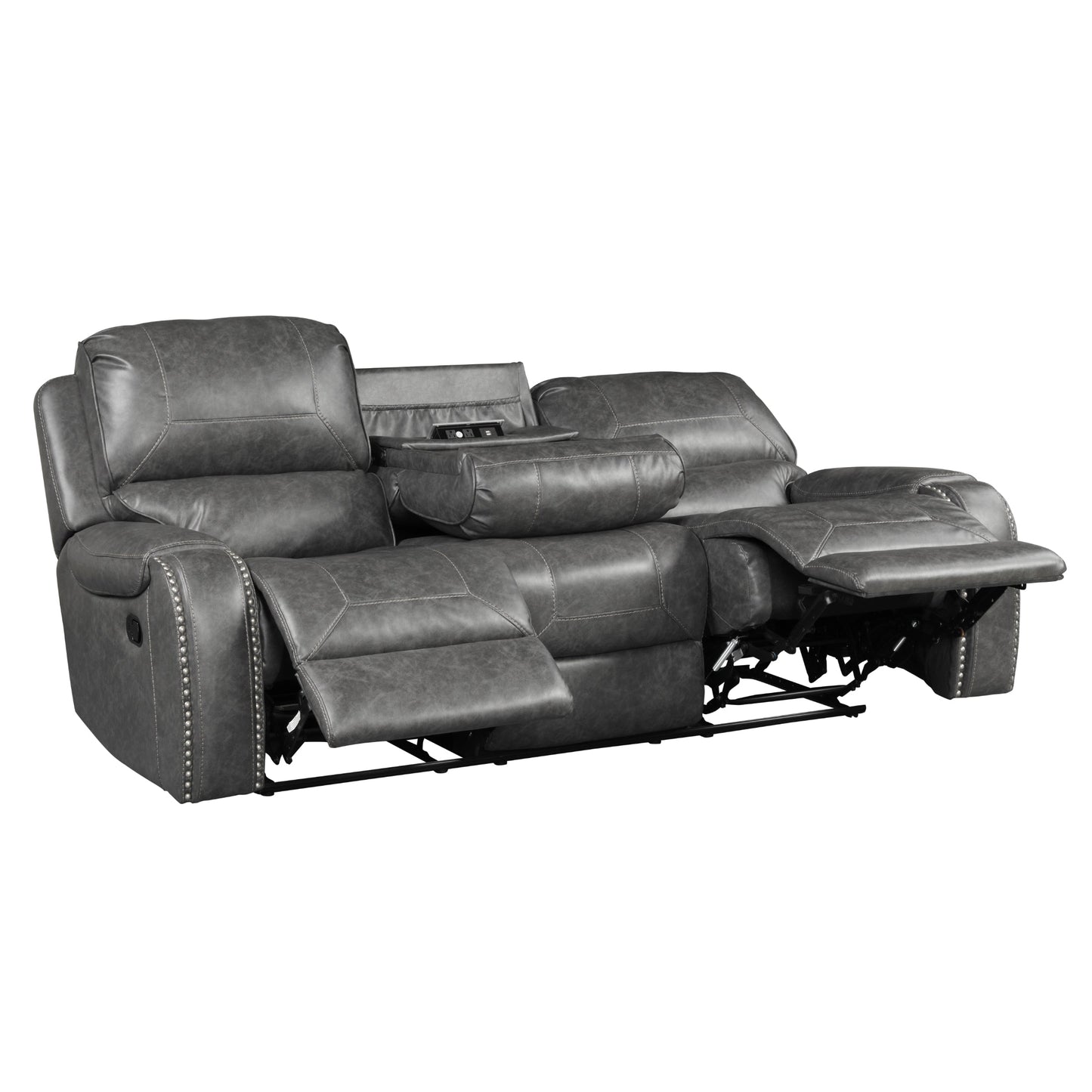 Achern Gray Leather-Air Nailhead Manual Reclining Sofa with USB Port