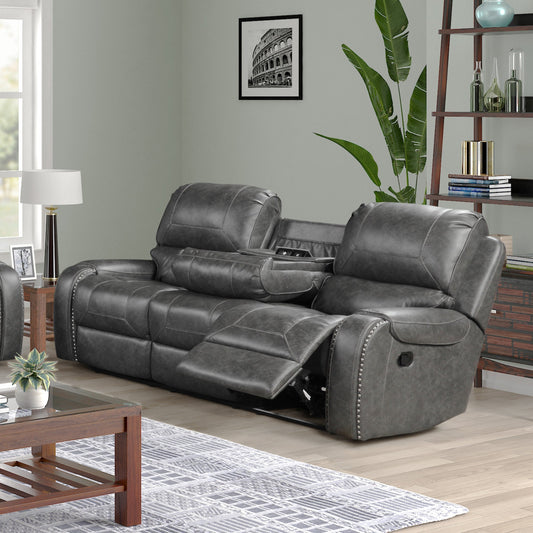 Achern Gray Leather-Air Nailhead Manual Reclining Sofa with USB Port