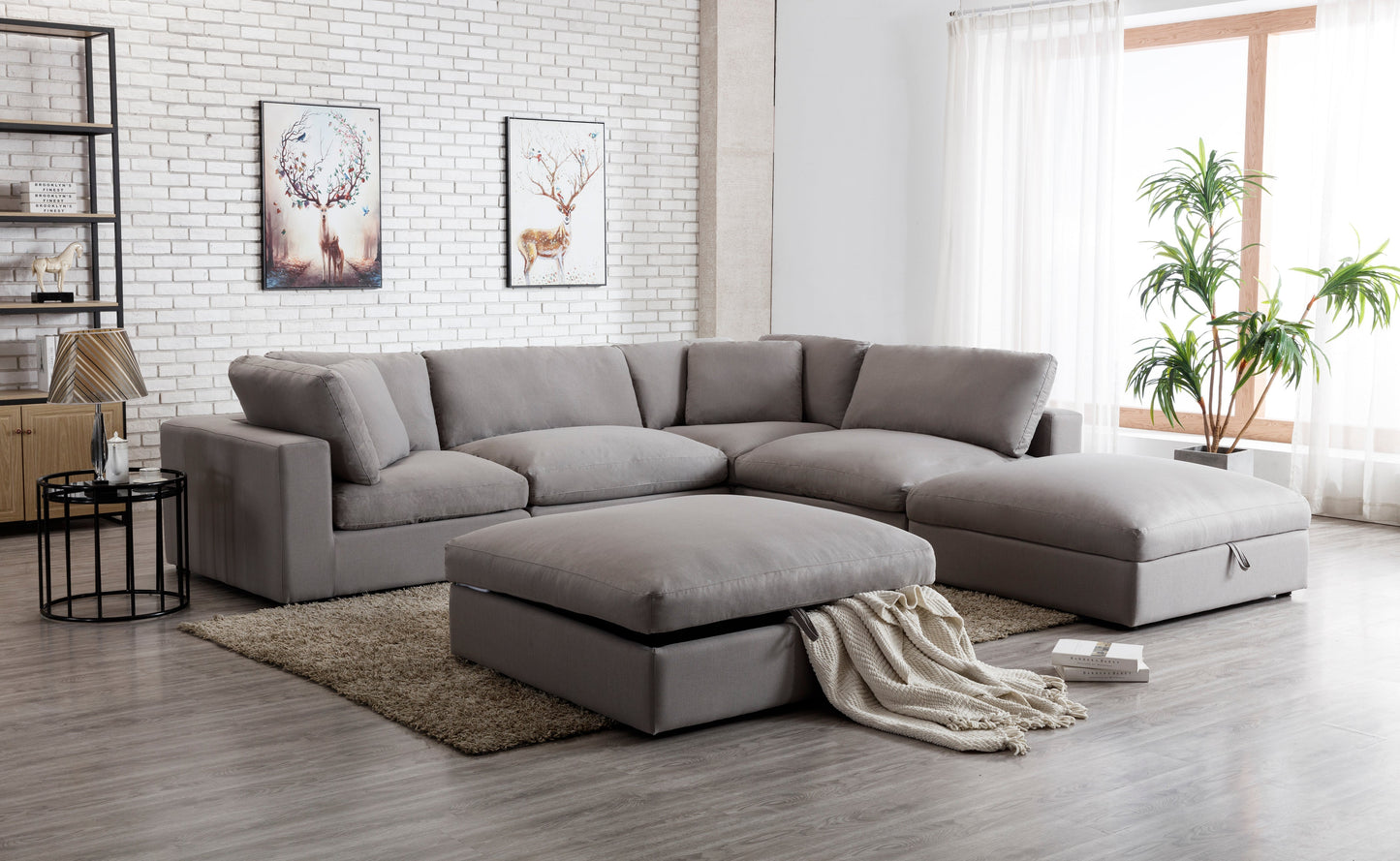 Rivas Contemporary Feather Fill 5-Piece Modular Sectional Sofa with Two Ottomans, Graphite