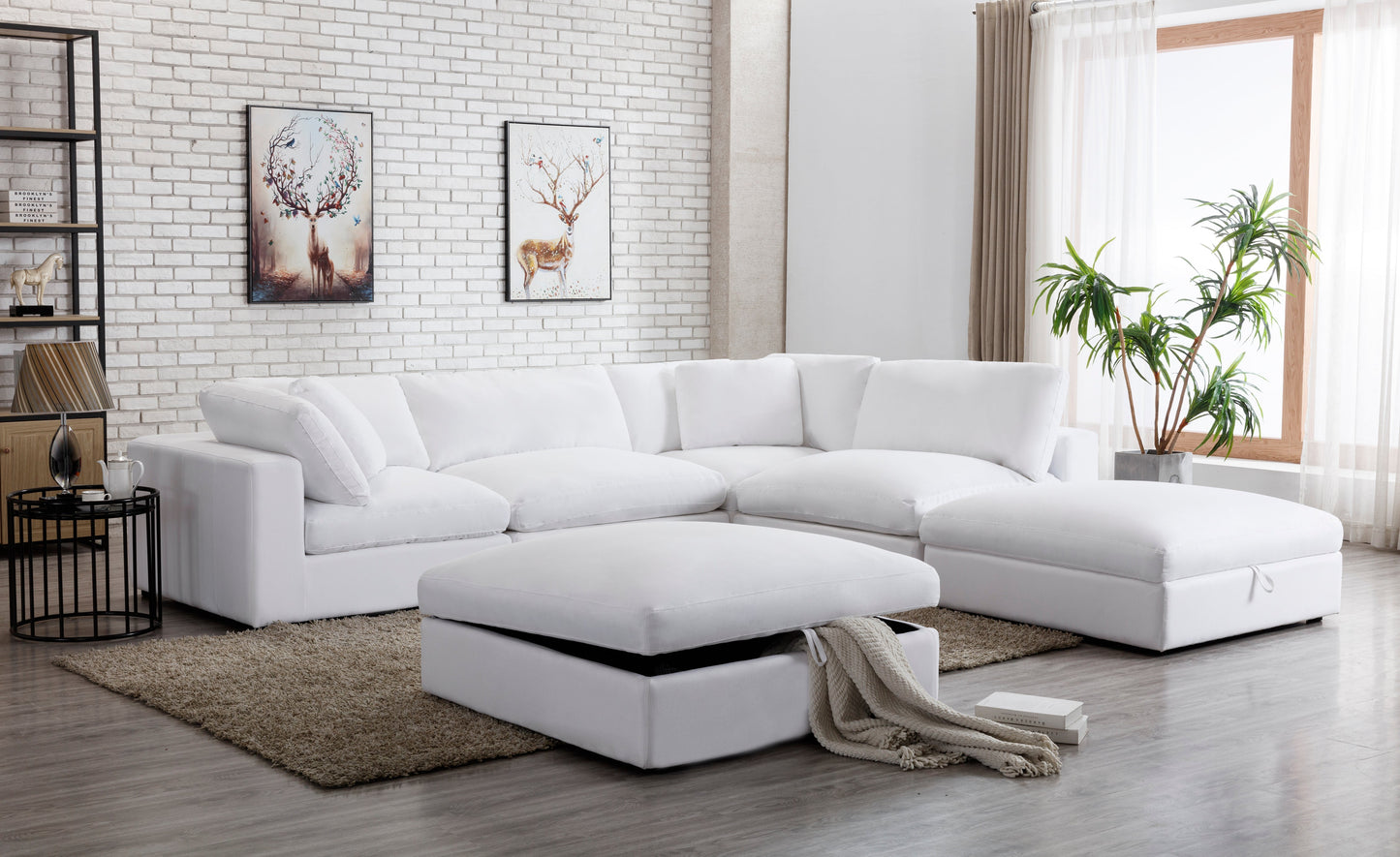 Rivas Contemporary Feather Fill 5-Piece Modular Sectional Sofa with Two Ottomans, White