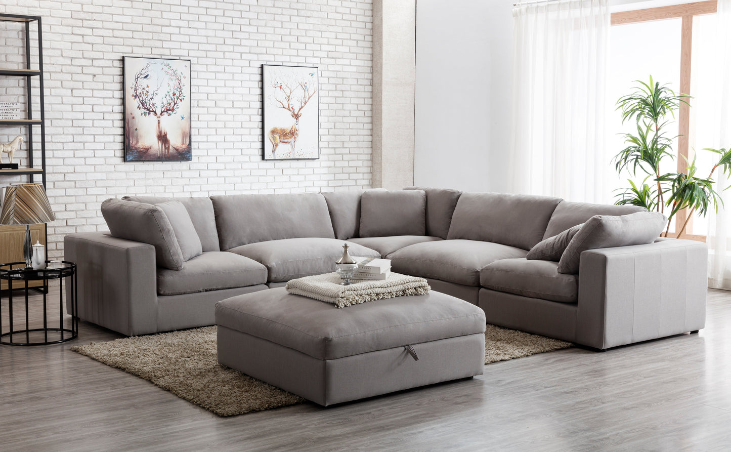 Rivas Contemporary Feather Fill 6-Piece Modular L-Sectional Sofa with Ottoman, Graphite