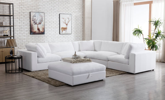 Rivas Contemporary Feather Fill 6-Piece Modular L-Sectional Sofa with Ottoman, White