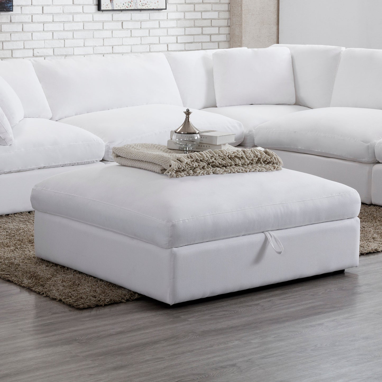 Rivas Contemporary Feather Fill Ottoman, White