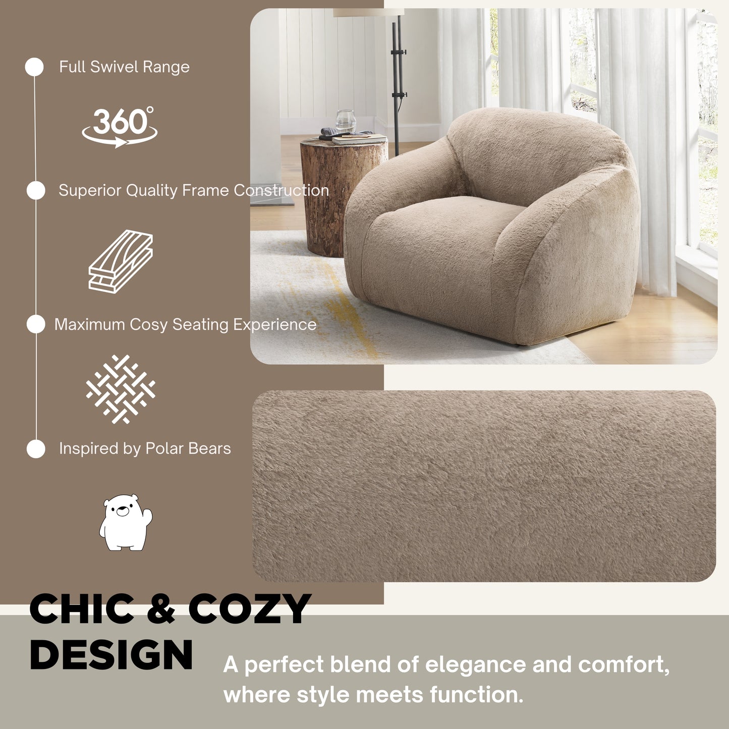 Roundhill Furniture Adell Polar Bear 2-Piece Living Room Set, Sofa and Swivel Chair
