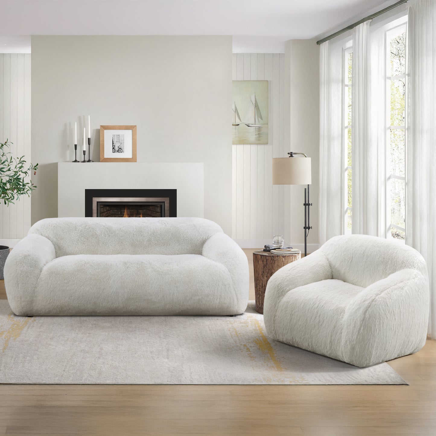 Roundhill Furniture Adell Polar Bear 2-Piece Living Room Set, Sofa and Swivel Chair