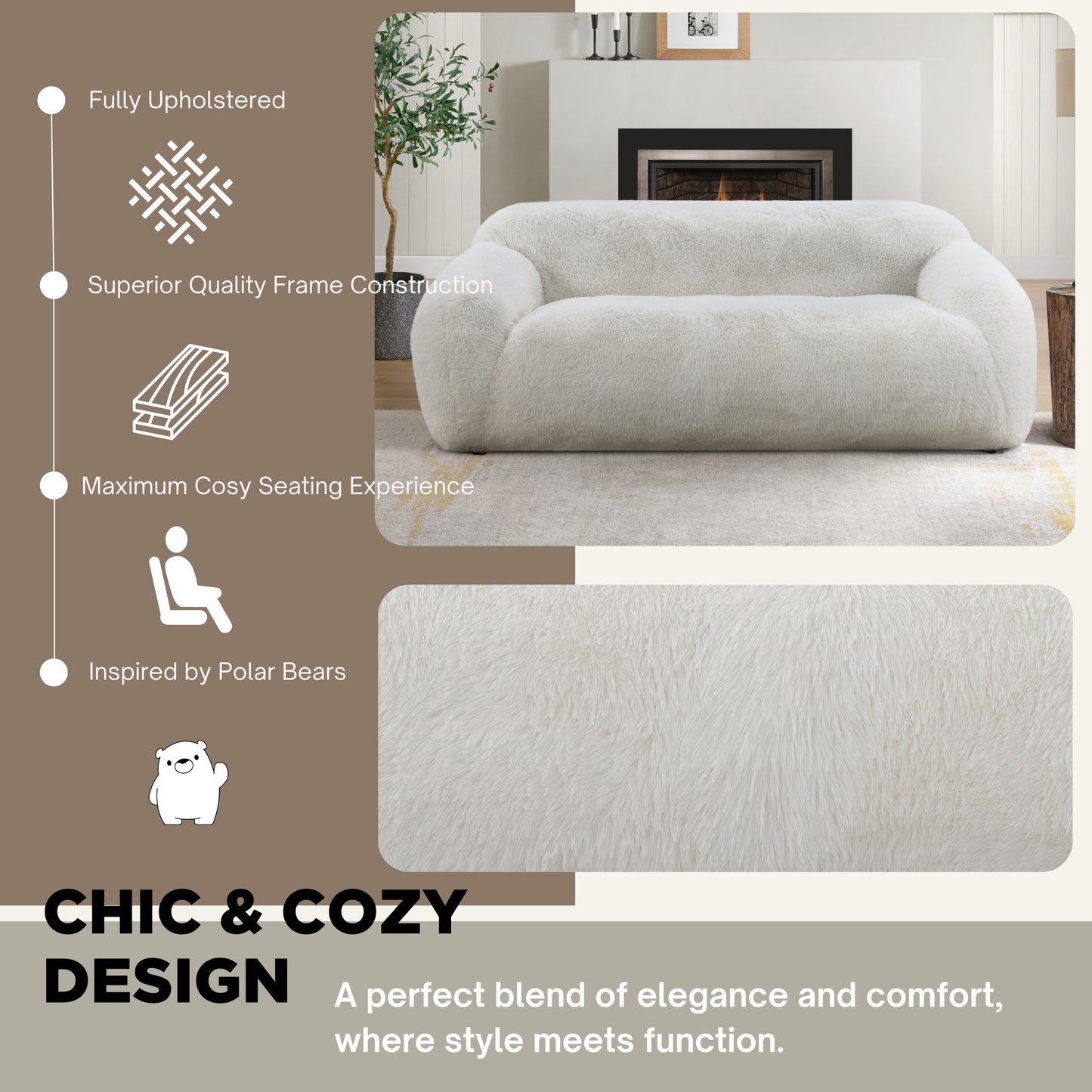Roundhill Furniture Adell Polar Bear 2-Piece Living Room Set, Sofa and Swivel Chair