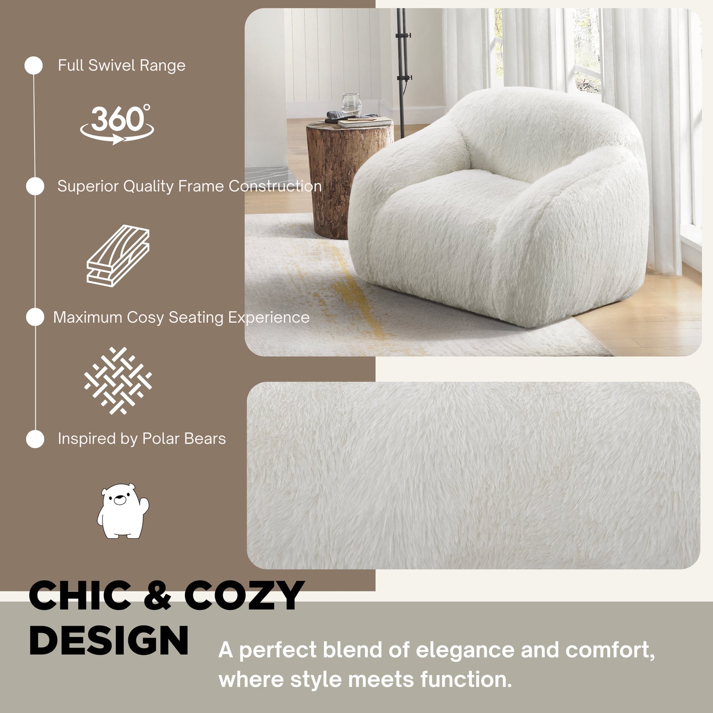 Roundhill Furniture Adell Polar Bear Faux Fur Swivel Cuddle Chair