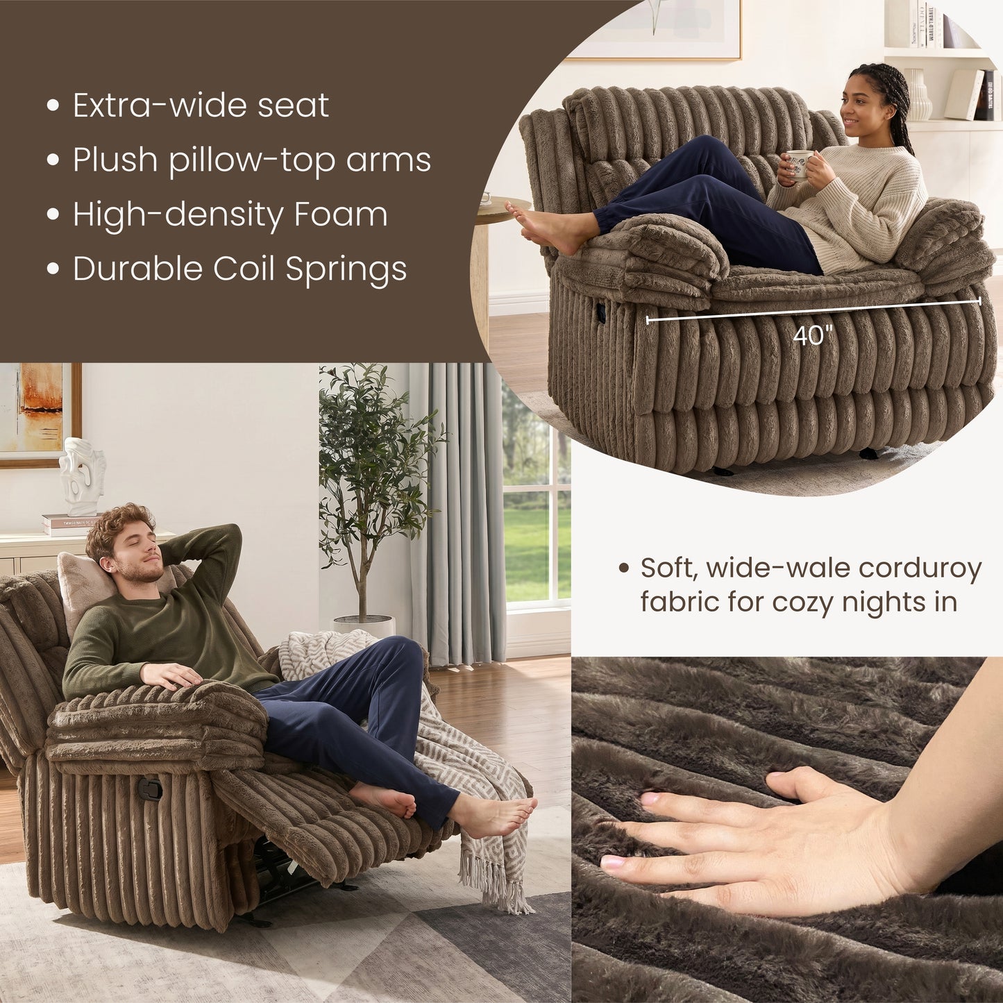 Roundhill Furniture Ardello Manual Recliner with Wide-Wale Corduroy Upholstery