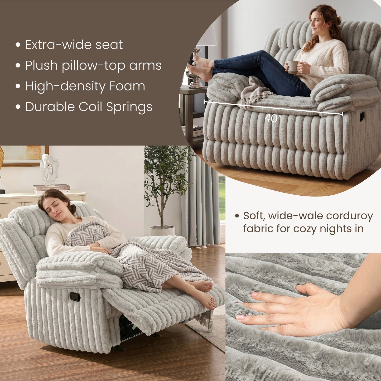 Roundhill Furniture Ardello Manual Recliner with Wide-Wale Corduroy Upholstery