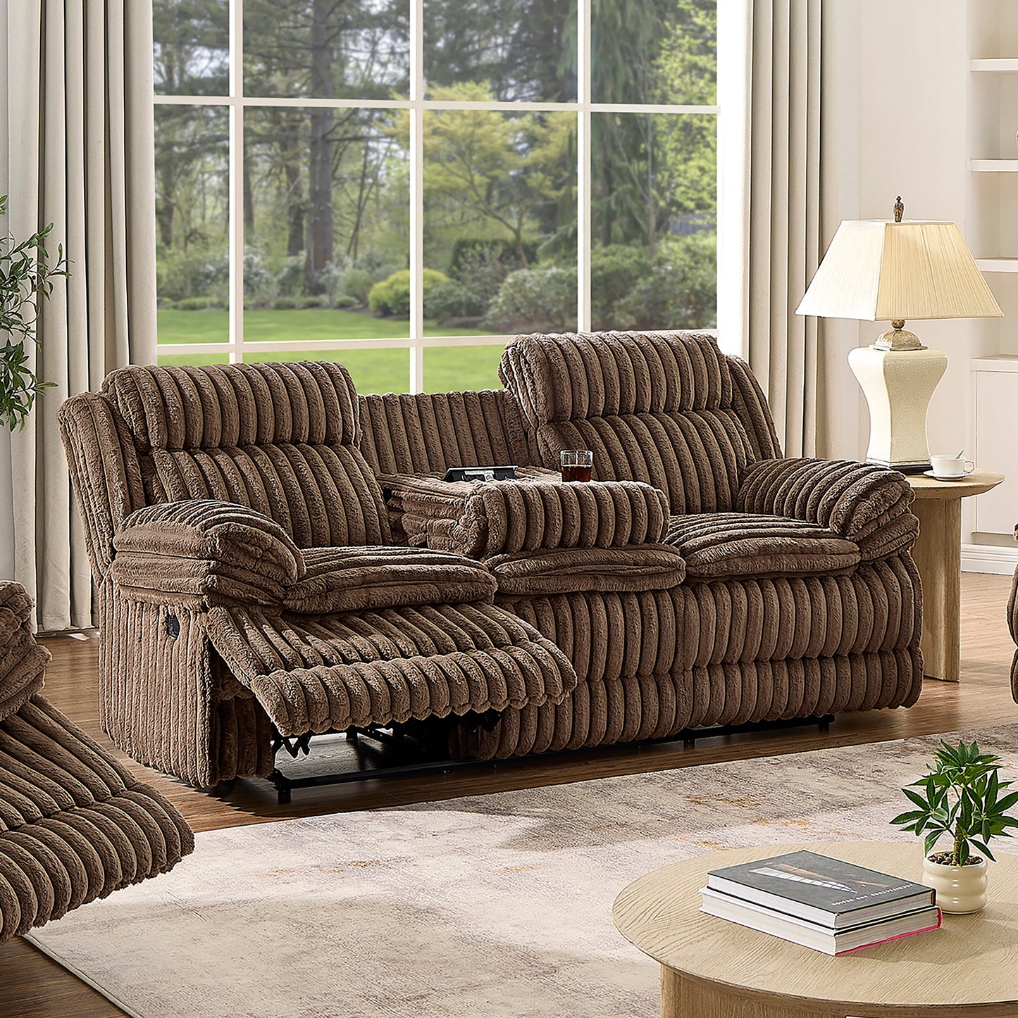 Roundhill Furniture Ardello Manual Reclining Sofa with Wide-Wale Corduroy Upholstery and Built-In Power Center, Chocolate
