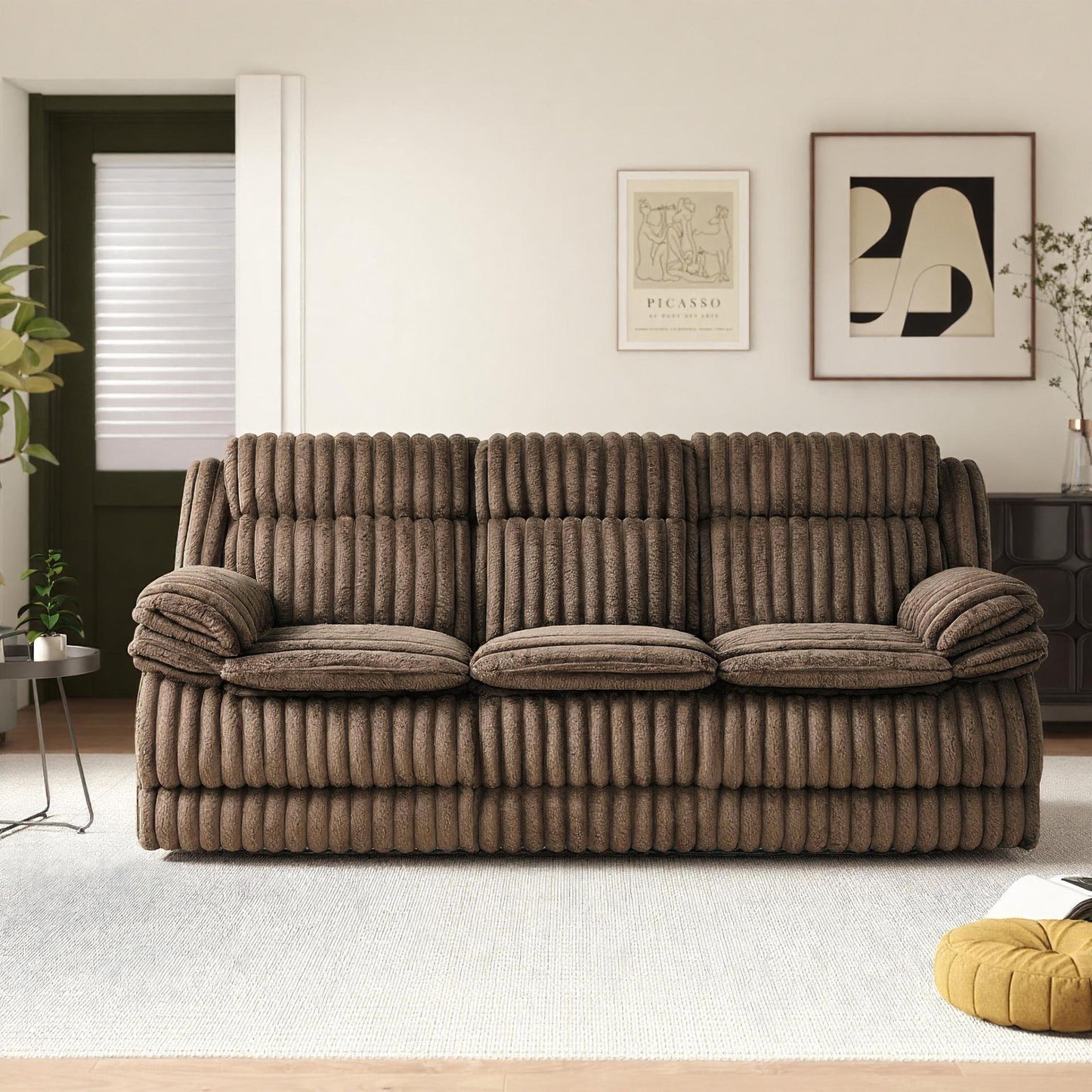 Roundhill Furniture Ardello Manual Reclining Sofa with Wide-Wale Corduroy Upholstery and Built-In Power Center, Chocolate