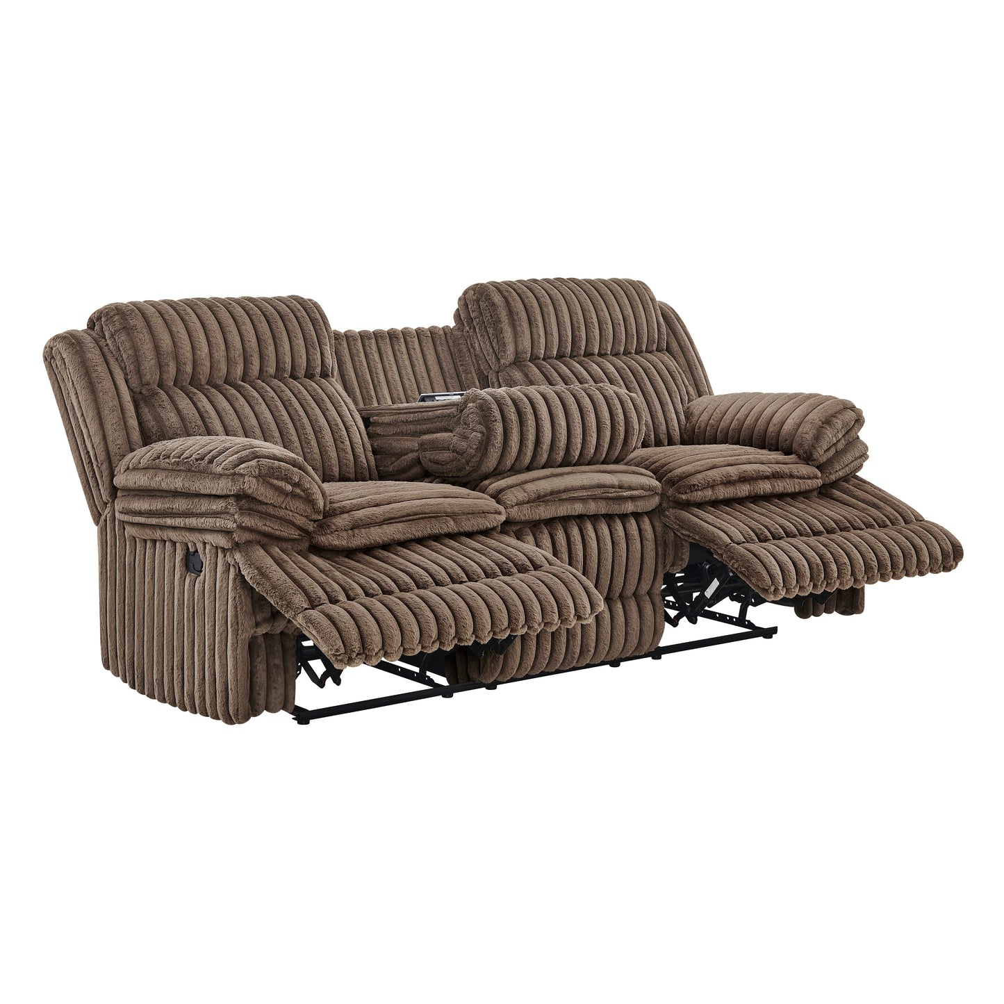 Roundhill Furniture Ardello Manual Reclining Sofa with Wide-Wale Corduroy Upholstery and Built-In Power Center, Chocolate